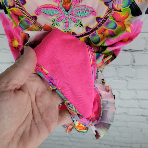 BRISA MARINA | ruffle beaded bird floral colourful print one piece swimsuit - Picture 5 of 7